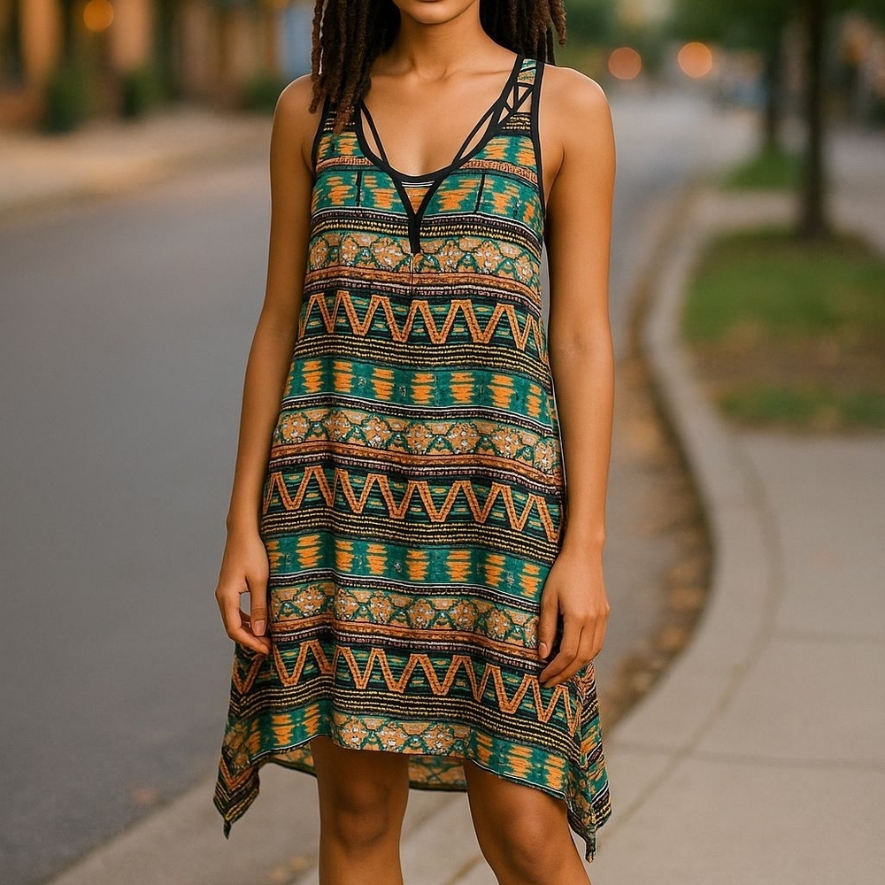 Mlle Gabrielle Plus Size 1X-Sleeveless Aztec V-NECK‎ Dress